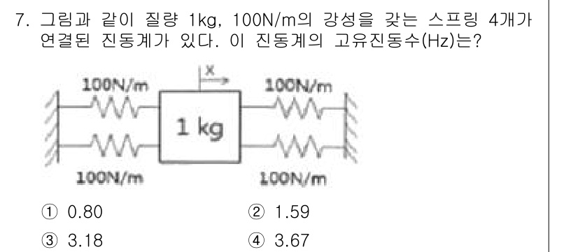 소음진동기사 2019년 7번 - 주어진 시스템은 질량과 스프링으로 구성된 1차원 진동계입니다. 고유진동수... 에 관한 핵심 기출문제