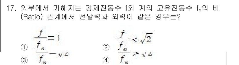 소음진동기사(구) 2020년 17번 - 고유진동수 \( f_1 \)과 강제진동수 \( f \)의 비에서 주어진 ... 에 관한 핵심 기출문제
