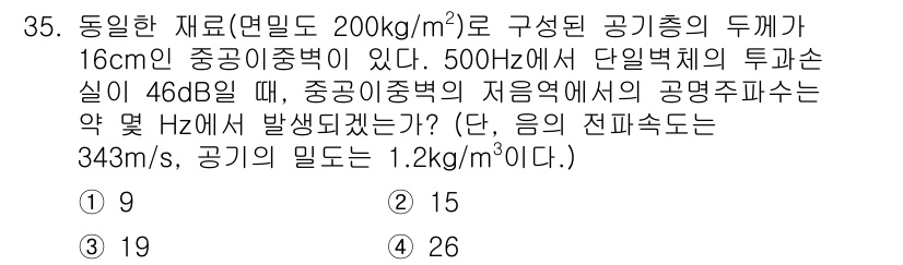 소음진동기사(구) 2020년 35번 - 주어진 자료에서 음파의 파장과 기저 중량, 주파수를 활용하여 공명 주파수... 에 관한 핵심 기출문제