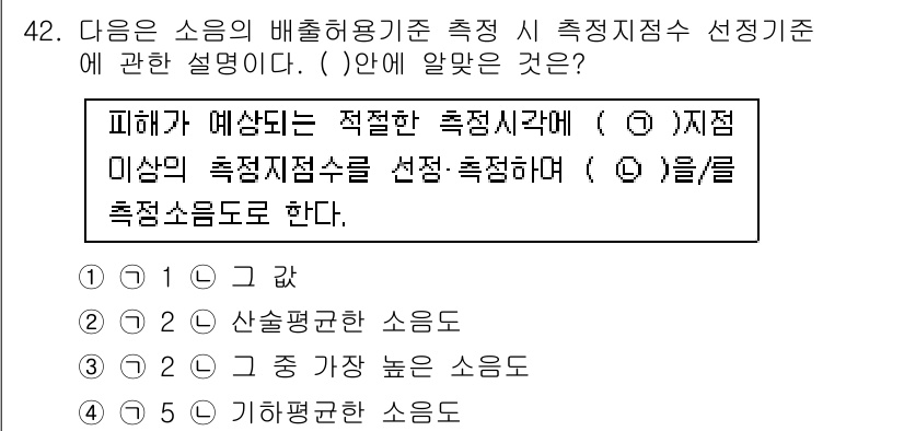 소음진동기사(구) 2020년 42번 - 소음의 배퉁 허용기준 측정 시, 적절한 측정 지점을 선정하는 것이 중요합... 에 관한 핵심 기출문제