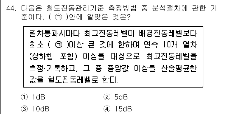 소음진동기사(구) 2020년 44번 - 소음진동기사 관련 기준에 따르면, 열차통과 시 최대진동레벨은 10마르 지... 에 관한 핵심 기출문제