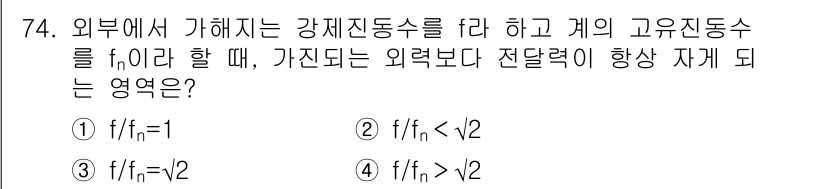 소음진동기사(구) 2020년 74번 - 강체 진동수 \( f_n \)이 외부에서 가해지는 강제 진동수 \( f ... 에 관한 핵심 기출문제