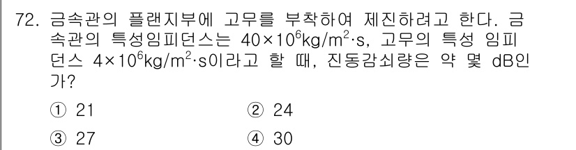 소음진동기사 2020년 72번 - 진동수와 특정 임피던스에 따라 소음 수준을 계산할 수 있으며, 주어진 값... 에 관한 핵심 기출문제