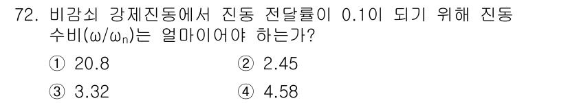 소음진동기사(구) 2021년 72번 - 비감쇠 강체 진동에서 진동 전달율 \(T\)는 주파수와 관련이 있습니다.... 에 관한 핵심 기출문제