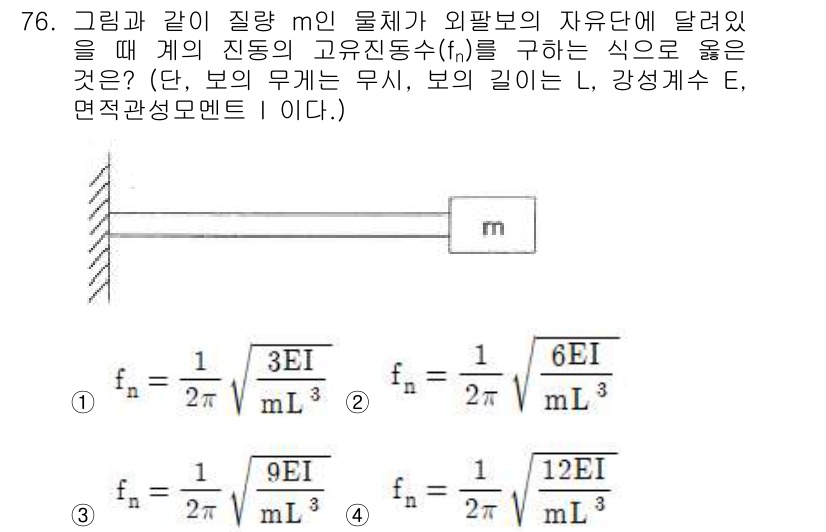 소음진동기사(구) 2021년 76번 - 문제에서 주어진 그림은 외팔보에 걸리는 질량과 관련된 진동 문제로 보입니... 에 관한 핵심 기출문제