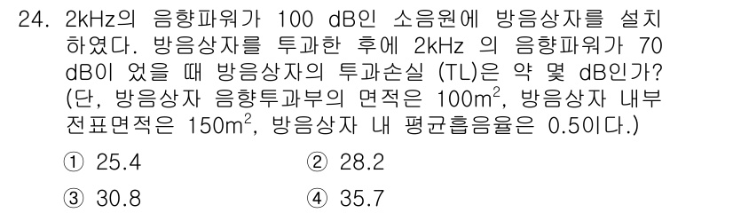 소음진동기사 2021년 24번 - 주어진 문제에서 소음수준 및 주파수를 고려할 때, 방음 상자의 투과 손실... 에 관한 핵심 기출문제