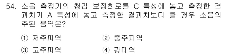 소음진동기사 2021년 54번 - 소음 측정 시 주파수 대역에 따라 측정 결과가 달라지며, A 특성을 기준... 에 관한 핵심 기출문제