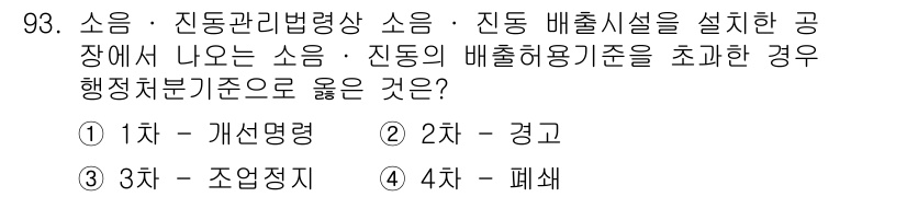 소음진동기사 2021년 93번 - 공장에서 발생하는 소음과 진동이 설정된 기준을 초과할 경우, 이에 대한 ... 에 관한 핵심 기출문제