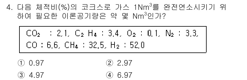 에너지관리기사 2022년 4번 - 완전 연소를 위해 필요한 이론 공기량은 연소에 필요한 산소량을 기반으로 ... 에 관한 핵심 기출문제