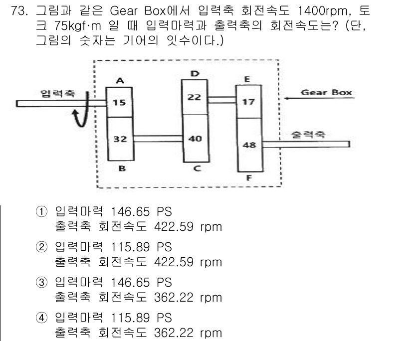 자동차정비기사 2022년 73번 - 3번이 정답입니다. 입력축 회전 속도가 146.65 PS일 때, 출력축 ... 에 관한 핵심 기출문제