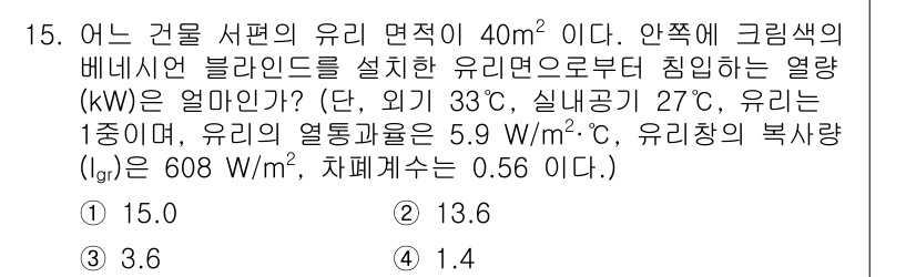 공조냉동기계기사 2022년 16번 - 주어진 조건에서 유리면의 열 전도율과 외부, 내부 온도를 이용하여 열 흐... 에 관한 핵심 기출문제