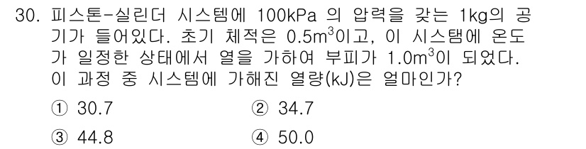 공조냉동기계기사 2022년 31번 - 문제에서 주어진 정보를 바탕으로 피스톤-실린더 시스템의 초기 및 최종 상... 에 관한 핵심 기출문제