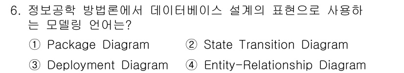 정보처리기사(구) 2022년 6번 - 정답은 4번, Entity-Relationship Diagram입니다. ... 에 관한 핵심 기출문제