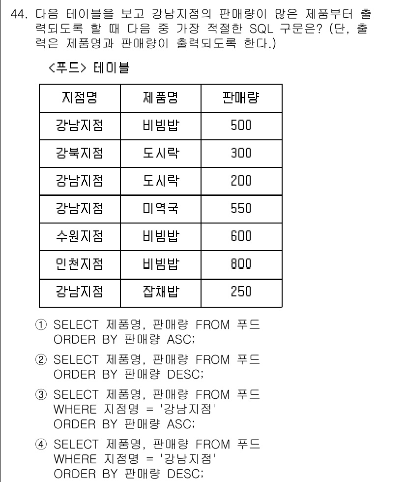 정보처리기사 2022년 44번 - 정답 4번은 'SELECT 제품명, 판매량 FROM 푸드 WHERE 강남... 에 관한 핵심 기출문제