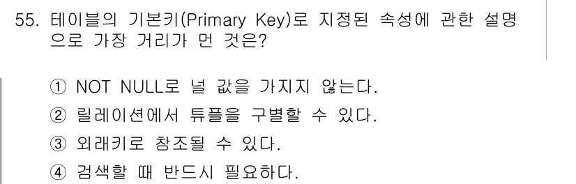 정보처리기사_필기 2022년 55번 - 기본 키는 항상 유일해야 하므로, 검색할 때 반드시 필요합니다. 이는 데... 에 관한 핵심 기출문제