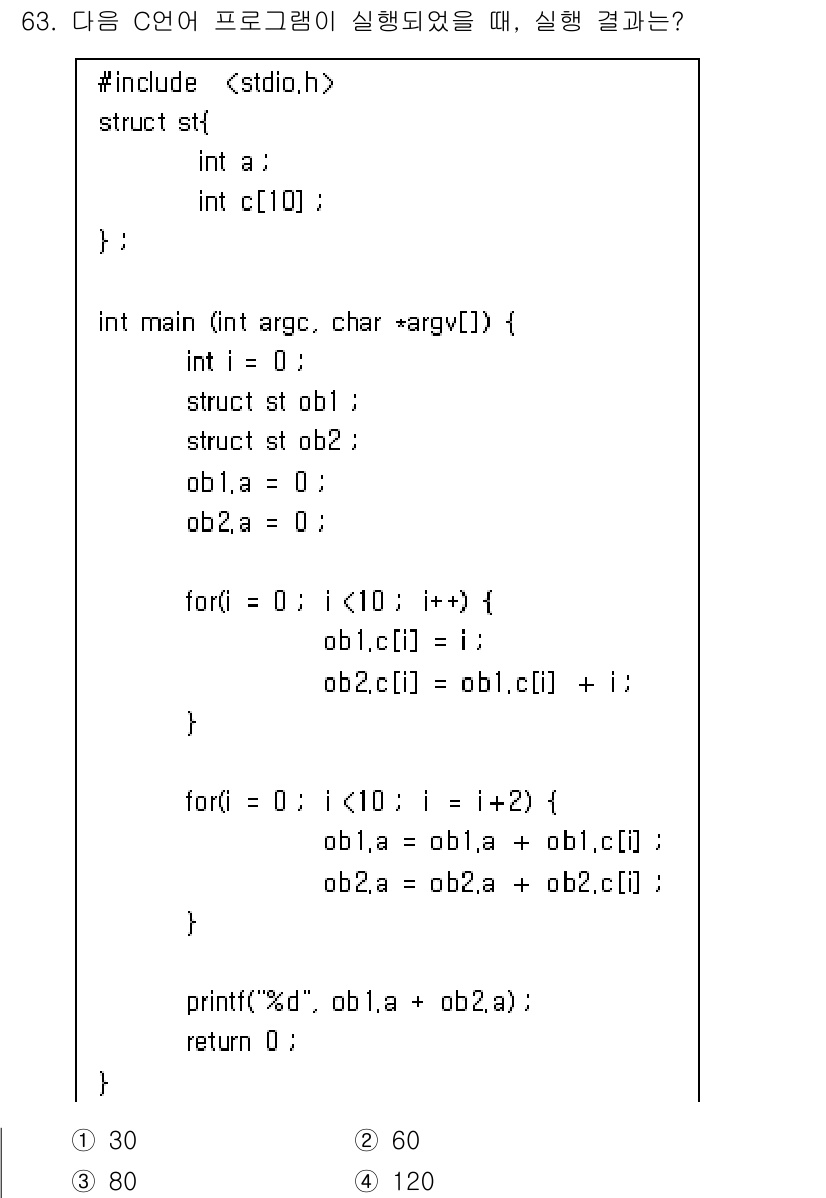 정보처리기사_필기 2022년 63번 - 주어진 코드에서 구조체 `st` 정의 후 두 개의 구조체 포인터 `ob1... 에 관한 핵심 기출문제