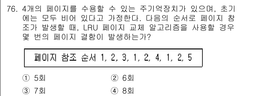 정보처리기사_필기 2022년 76번 - LRU(Least Recently Used) 페이지 교체 알고리즘은 가장... 에 관한 핵심 기출문제