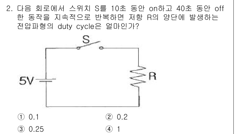 철도신호기사 2022년 2번 - 주어진 회로에서 스위치 S가 10초 동안 On되고 40초 동안 Off 되... 에 관한 핵심 기출문제