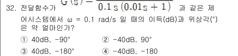 철도신호기사 2022년 33번 - 전달함수 G(s)는 0.1 rad/s에서 주파수 응답을 분석할 때, 주어... 에 관한 핵심 기출문제