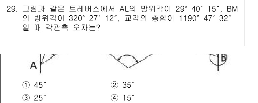 토목기사 2022년 29번 - 각관측의 오차는 교각의 방위각의 합에서 트레버스의 방위각의 합을 뺀 후,... 에 관한 핵심 기출문제