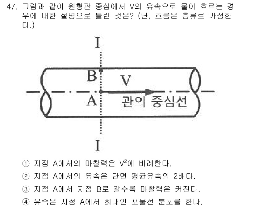 토목기사 2022년 47번 - . 

이유: 관의 중심선 V의 유속은 지점 A에서의 유속 V₂와 동일해... 에 관한 핵심 기출문제