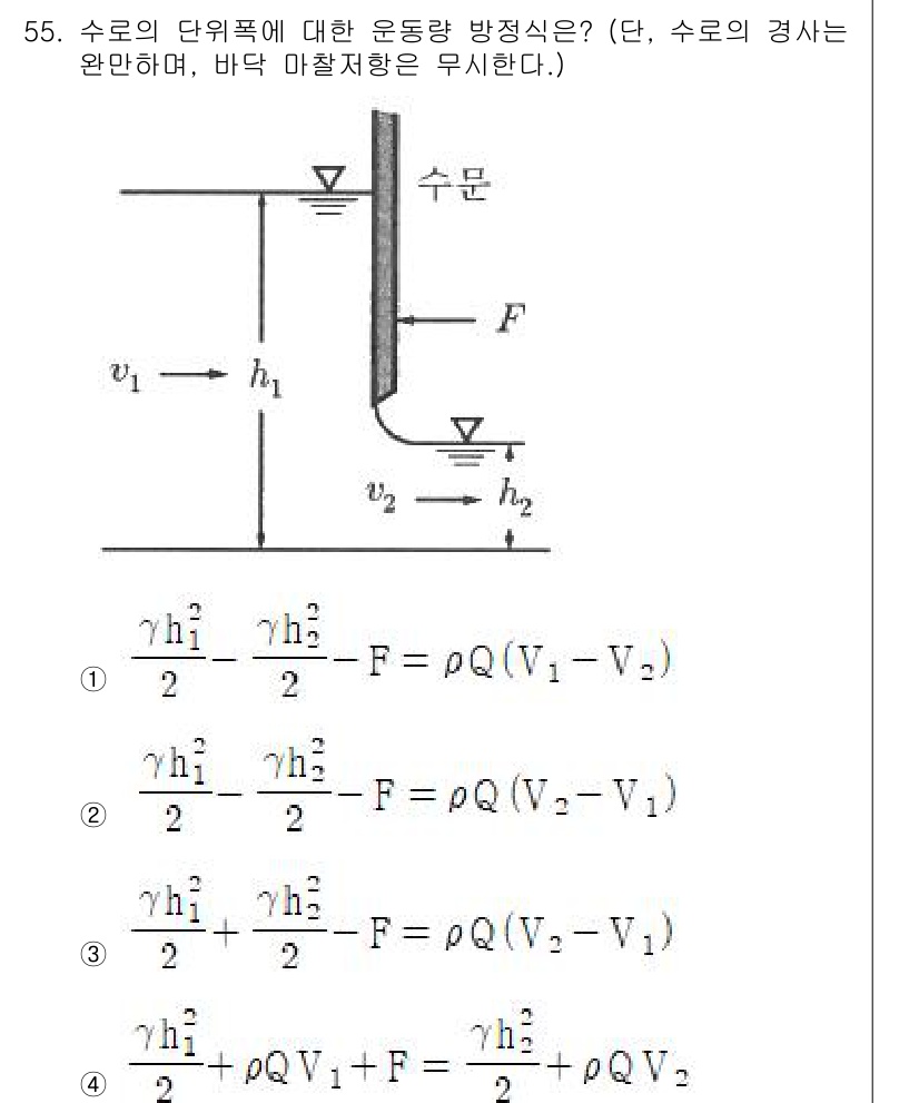토목기사 2022년 55번 - 문제의 수리적 흐름은 베르누이 방정식의 적용을 나타내며, 수로의 단면적 ... 에 관한 핵심 기출문제