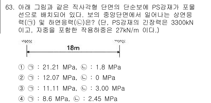 토목기사 2022년 63번 - PS강재의 긴장력 3300kN과 작용중의 27kN/m을 고려했을 때, 강... 에 관한 핵심 기출문제