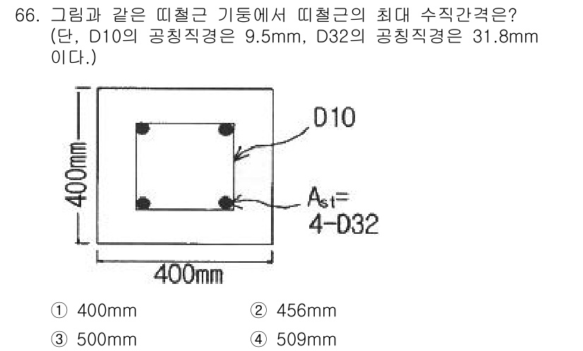 토목기사 2022년 66번 - 정답은 1. 400mm입니다. 

이 문제는 주어진 도면에서 철근의 위치... 에 관한 핵심 기출문제
