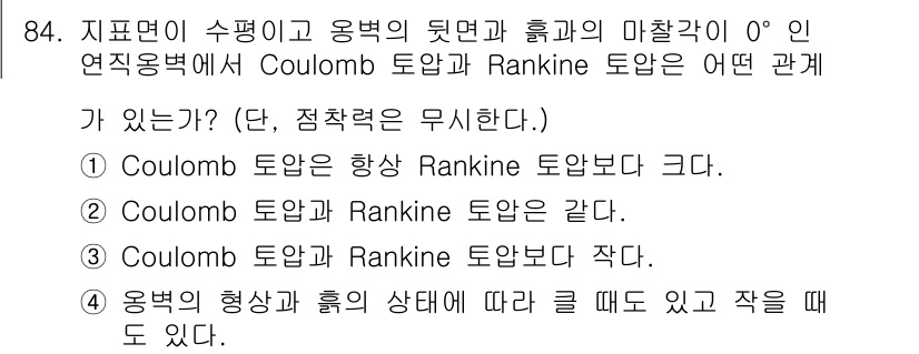 토목기사 2022년 84번 - Coulomb 토압은 지표면의 각도와 관계없이 일정한 강도 분포를 가지며... 에 관한 핵심 기출문제