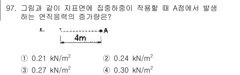 토목기사 2022년 97번 - A 점에서 발생하는 연직응력의 증가는 하중의 크기와 분포에 따라 결정됩니... 에 관한 핵심 기출문제
