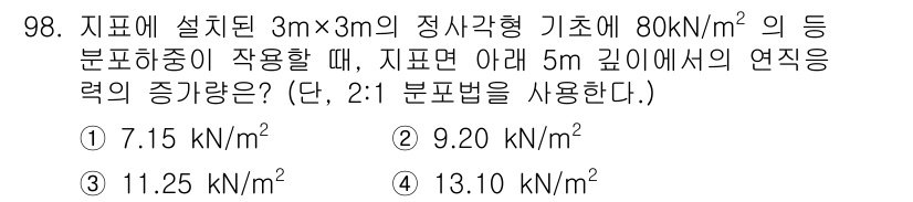토목기사 2022년 98번 - 문제에서 주어진 정보를 바탕으로, 지표면에서 5m 깊이에서의 연직응력은 ... 에 관한 핵심 기출문제