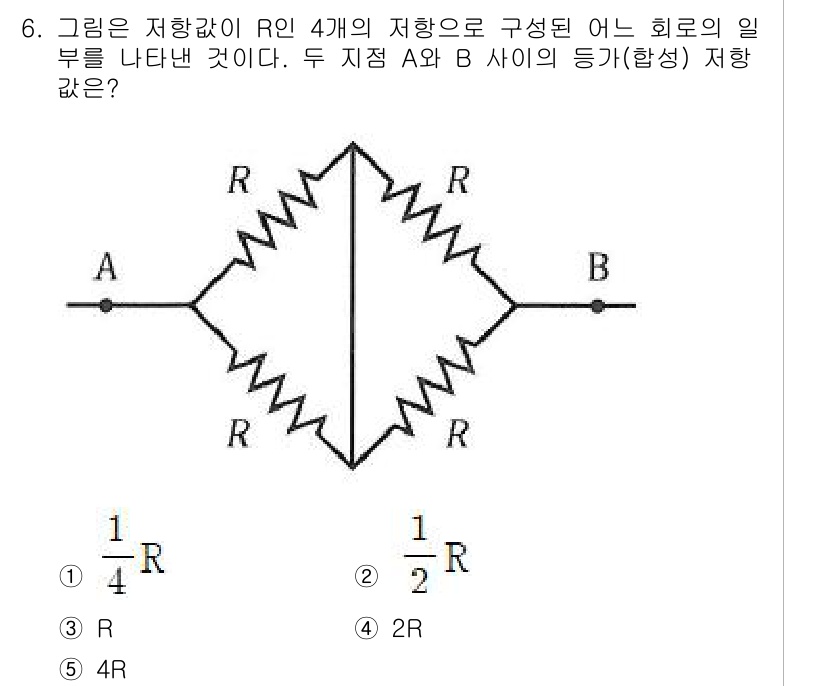 변리사_1차(3교시) 2022년 6번 - 주어진 회로에서 저항 R이 병렬로 연결되어 있습니다. 병렬 저항의 등가 ... 에 관한 핵심 기출문제