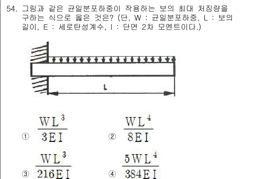 승강기기사 2022년 54번 - 정답이 2인 이유는 주어진 보의 최대 처짐량을 구하기 위한 정적 방정식을... 에 관한 핵심 기출문제