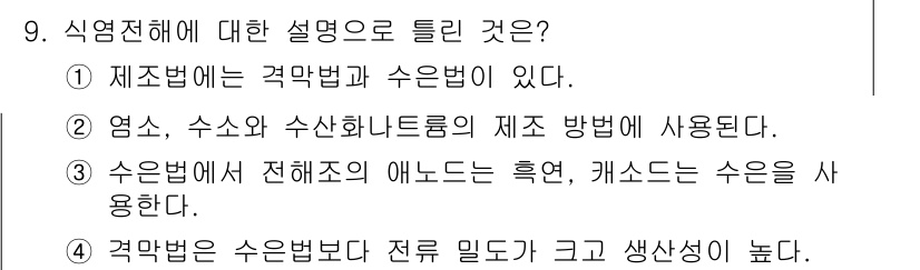 전기공사기사 2022년 9번 - 식염전해에 대한 설명 중, 4번 항목이 정답인 이유는 수업법에서 전해질의... 에 관한 핵심 기출문제