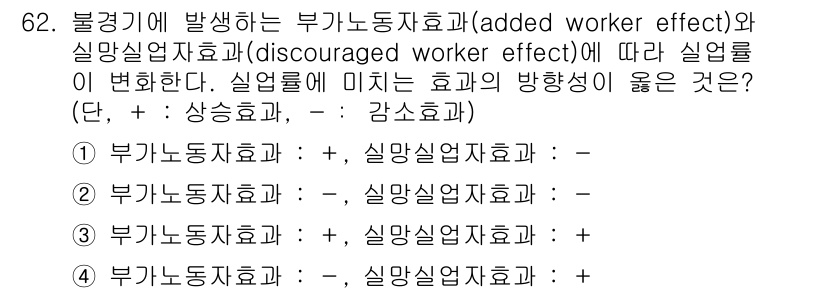 직업상담사_2급 2022년 62번 - . 

이유: 부가노동자효과는 특정 실업률의 하락이 노동 공급을 증가시키... 에 관한 핵심 기출문제