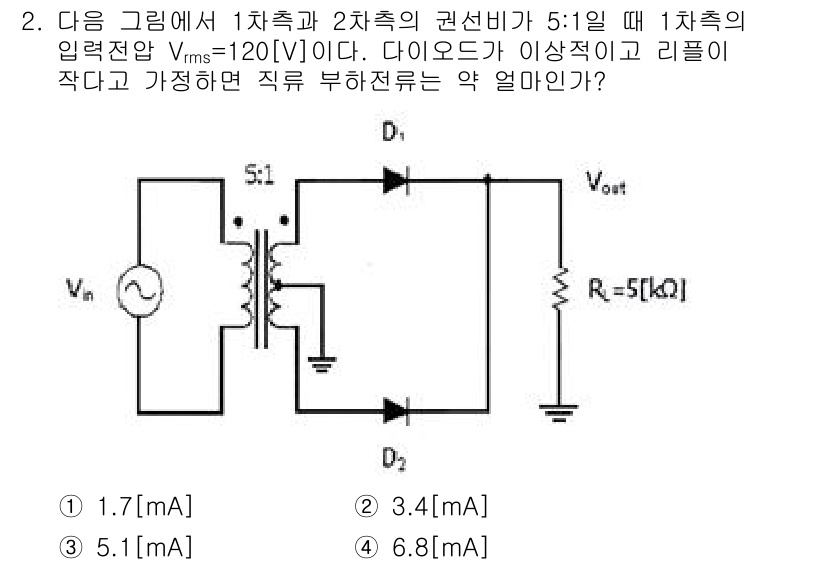 무선설비기사 2021년 2번 - 이 회로에서 직류 전압이 입력된 경우, 다이오드의 동작을 고려해야 합니다... 에 관한 핵심 기출문제