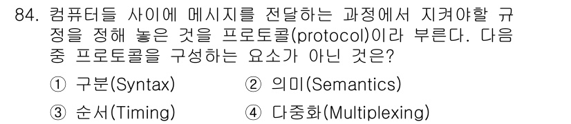 무선설비기사 2021년 84번 - 정답은 4번 "다중화(Multiplexing)"입니다. 프로토콜을 구성하... 에 관한 핵심 기출문제