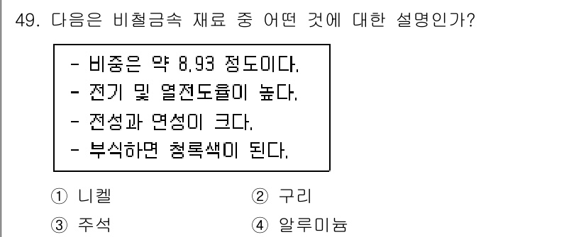 건설재료시험기사 2022년 49번 - 정답 2번 "구리"는 특정 비중이 약 8.93으로, 전기와 열 전도성이 ... 에 관한 핵심 기출문제