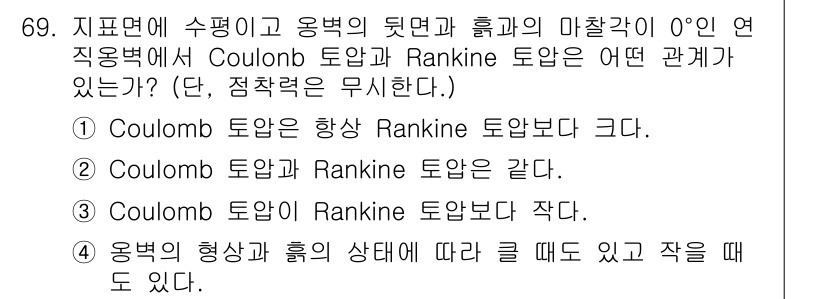 건설재료시험기사 2022년 69번 - Coulomb 토압은 점성 및 비점성 재료에서의 전단 강성에 따라 다르지... 에 관한 핵심 기출문제