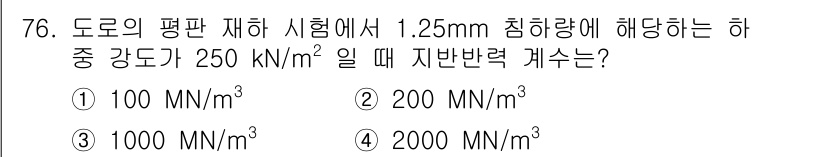 건설재료시험기사 2022년 76번 - 하중 강도가 250 kN/m²일 때, 평판에서 발생하는 비례 강도는 \(... 에 관한 핵심 기출문제