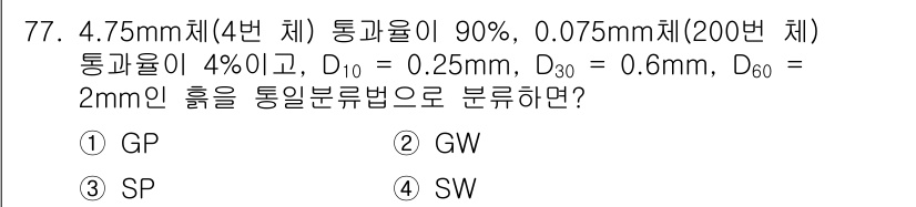 건설재료시험기사 2022년 77번 - 주어진 정보를 통해 입도 분포를 분석하면 D_10, D_30, D_60 ... 에 관한 핵심 기출문제