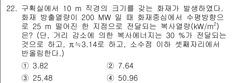 소방시설관리사 2022년 22번 - 주어진 문제는 화재 방출열량과 복사열의 전달 계산을 다루고 있습니다. 복... 에 관한 핵심 기출문제
