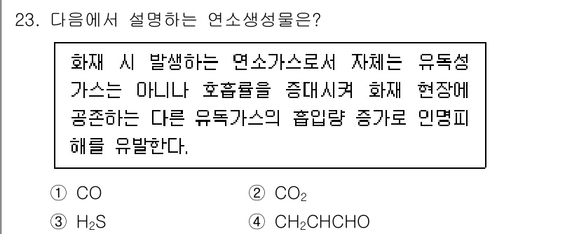 소방시설관리사 2022년 23번 - 정답은 2번 (CO₂)입니다. 연소생성성은 화재 시 유해가스 발생을 의미... 에 관한 핵심 기출문제