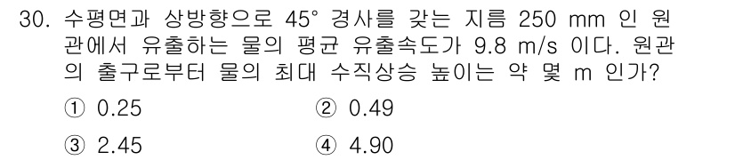 소방시설관리사 2022년 30번 - 주어진 문제에서 물의 유출속도는 9.8 m/s이며, 수직 상승 높이는 유... 에 관한 핵심 기출문제