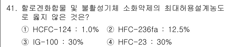 소방시설관리사 2022년 42번 - HFC-236fa의 최대 허용 설계 농도는 12.5%로, 이는 다른 화학... 에 관한 핵심 기출문제