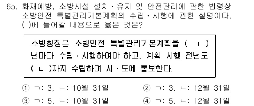 소방시설관리사 2022년 66번 - 문제에서 요구하는 내용은 소방안전 특별관리기본계획의 수립 및 시행 기간으... 에 관한 핵심 기출문제