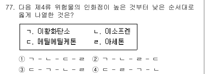 소방시설관리사 2022년 78번 - 정답은 2. 메틸에틸케톤입니다. 메틸에틸케톤은 인화성이 높고 위험등급이 ... 에 관한 핵심 기출문제