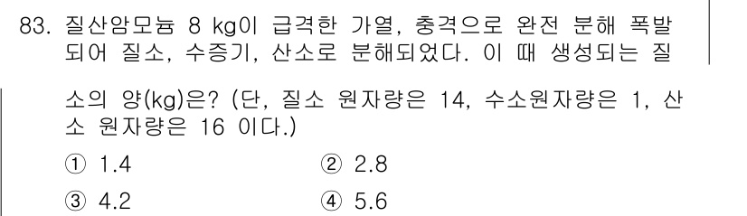 소방시설관리사 2022년 84번 - 질산암모늄의 질소 양은 8 kg에서 발생하는 질소의 양이므로, 이를 바탕... 에 관한 핵심 기출문제