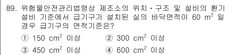 소방시설관리사 2022년 90번 - 위험물 안전관리법령상 급기구의 면적 기준은 해당 바닥면적에 따라 달라지며... 에 관한 핵심 기출문제