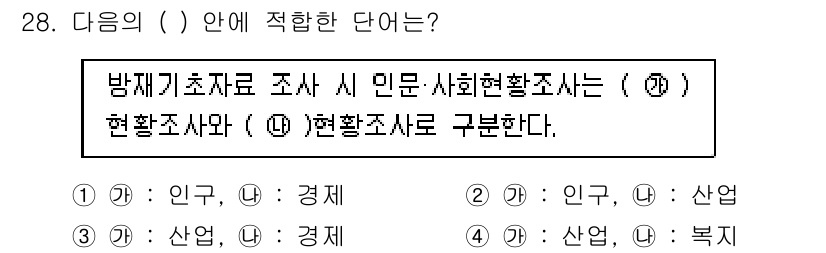 방재기사 2019년 28번 - 정답은 2번 '인구'이다. 방재기사의 임무는 재해에 대한 영향을 최소화하... 에 관한 핵심 기출문제